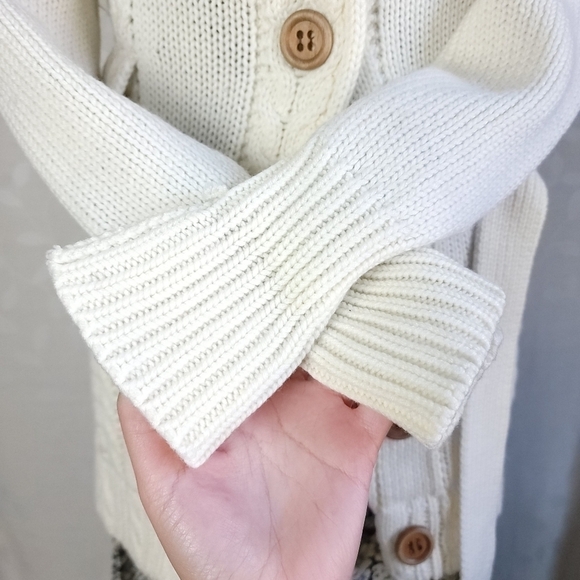 Vintage Cable Knit Belted Collared Button Front Long Cardigan Dayne Taylor Cream - Picture 10 of 15
